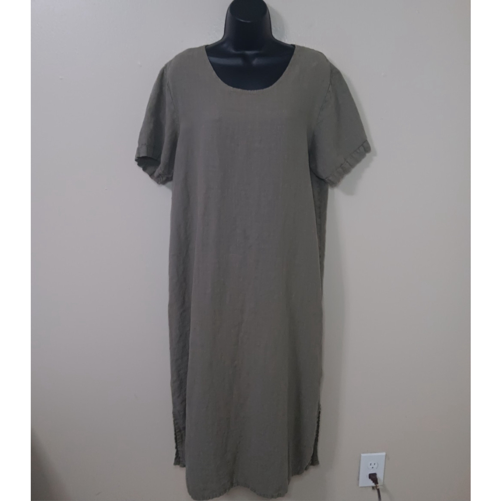 Russ Berens Women’s Large Maxi Dress 100% Linen Olive Green Boho Minimalist USA